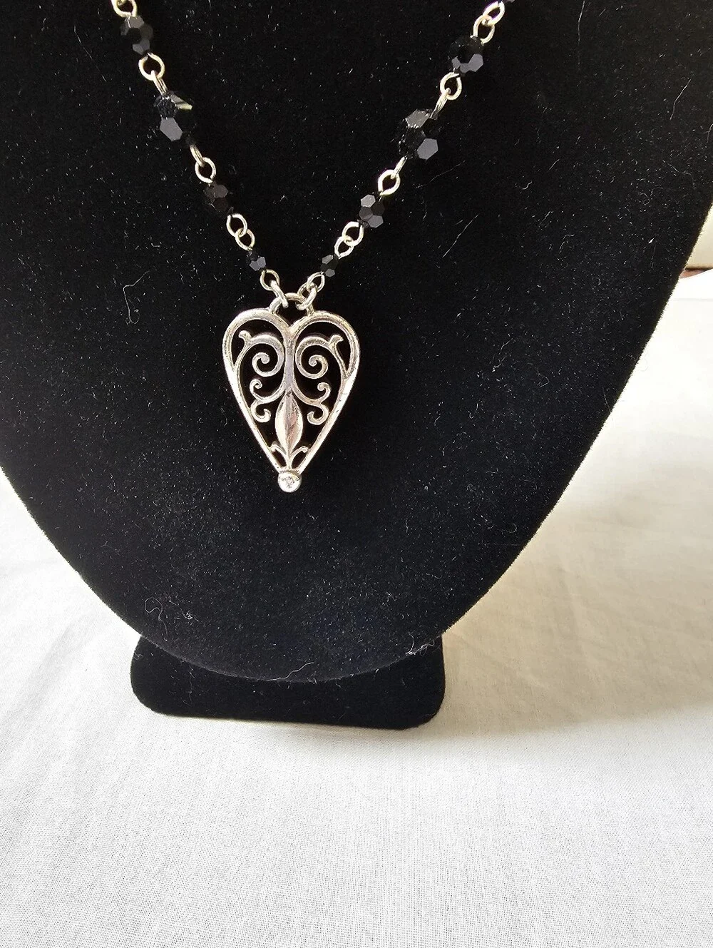 Brighton Milas Heart Necklace #7201 Retired Black Crystal Beaded Silver Tone
